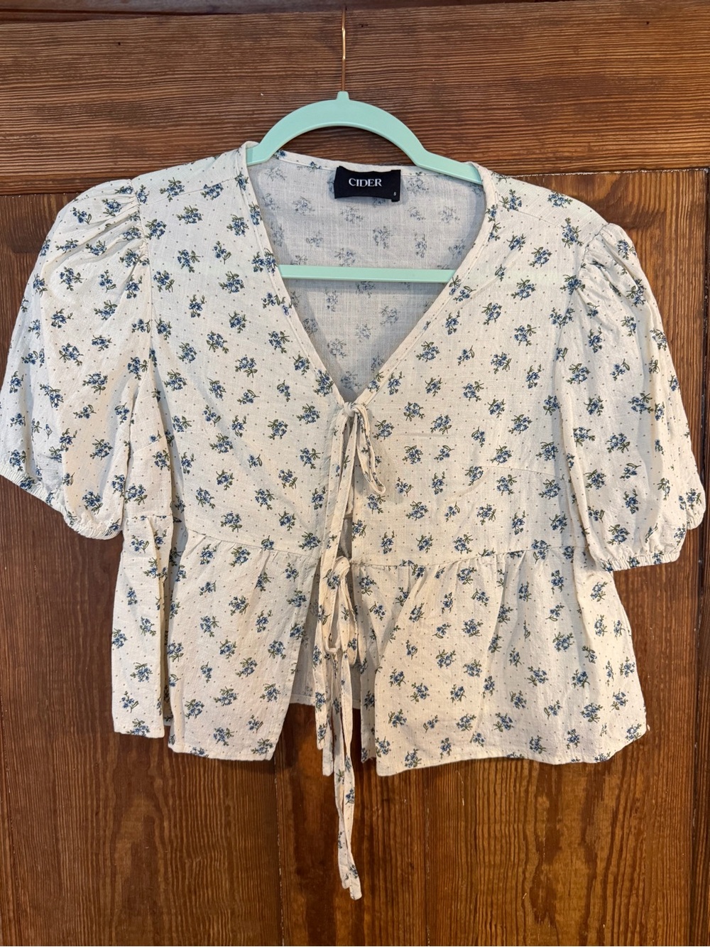 Cider Cream Floral Tie-Front Puff Sleeve Blouse